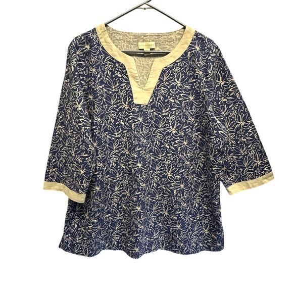 Appleseed’s Women Large Blue Cream Tunic Linen Blend Floral 3/4 Sleeves Boho - Picture 1 of 9
